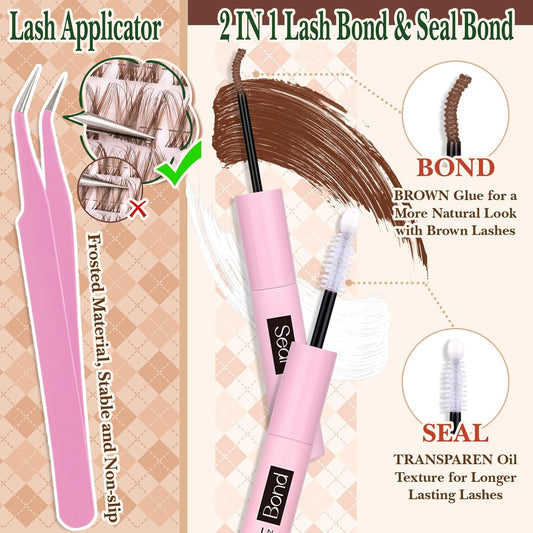 Brown Lash Clusters Kit with Bottom Lash Clusters Wispy Brown DIY Lash Extension Kit Natural C-Curly Eyelash Clusters Invisible Band Lash Clusters with Lash Bond and Seal Lash Applicator