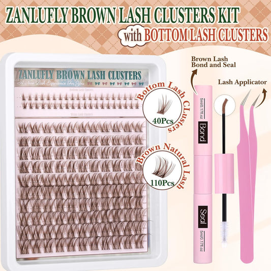 Brown Lash Clusters Kit with Bottom Lash Clusters Wispy Brown DIY Lash Extension Kit Natural C-Curly Eyelash Clusters Invisible Band Lash Clusters with Lash Bond and Seal Lash Applicator