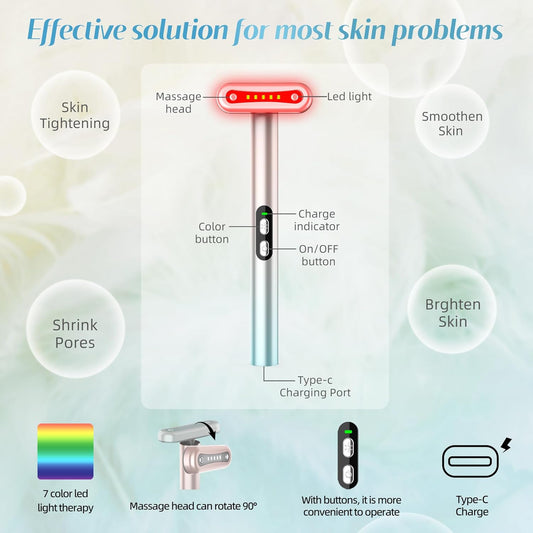 Led-Face-Wand，7 in 1 LED Light Therapy Facial Red & Blue Rejuvenation Tool