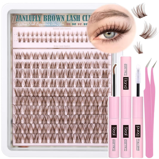 Brown Lash Clusters Kit with Bottom Lash Clusters Wispy Brown DIY Lash Extension Kit Natural C-Curly Eyelash Clusters Invisible Band Lash Clusters with Lash Bond and Seal Lash Applicator
