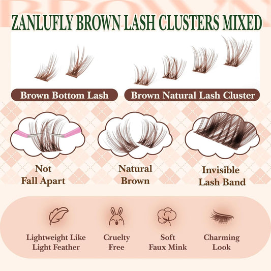 Brown Lash Clusters Kit with Bottom Lash Clusters Wispy Brown DIY Lash Extension Kit Natural C-Curly Eyelash Clusters Invisible Band Lash Clusters with Lash Bond and Seal Lash Applicator